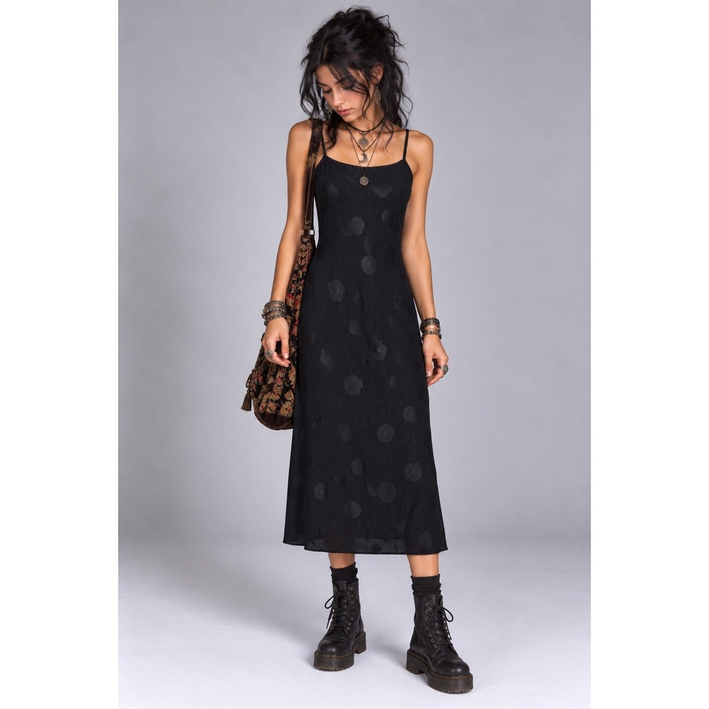 A New Day Black Floral Slip Dress Midi Whimsigoth Goth Size XS Fairy Grunge - Picture 1 of 8